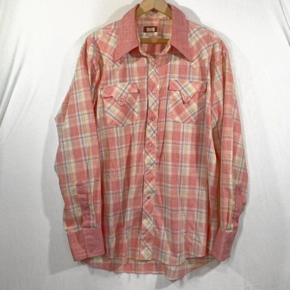 Vintage Fenton Western Pink Plaid Permanent Press Button Up Shirt USA (L/XL)